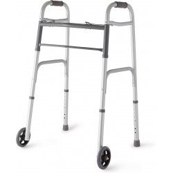 NEW Medline Two-Button Folding Walker with Wheels, 5-Inch