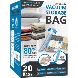 NEW 20 Pack Vacuum Storage Bags, Space Saver Bags (4 Jumbo/4 Large/4 Medium/4 Small/4 Roll) Compression Storage Bags for Comforters and Blankets, Vacuum Sealer Bags for Clothes Storage, Hand Pump Included