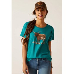 NEW Size S Women's Ariat Longhorn Watercolor SS T Shirt Teal Green Heather