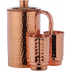 NEW HealthGoodsIn - Pure Copper Hammered Water Jug with 2 Hammered Copper Tumbler | Copper Pitcher and Tumbler for Ayurveda Health Benefit | 1.5 Liter / 50.7 oz. Pitcher with Copper Tumblers