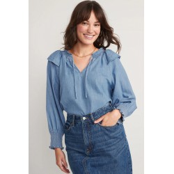 NEW Size 3X Women's OLD NAVY Puff-Sleeve Non-Stretch Jean Ruffle-Trimmed Poet Blouse - Medium Wash