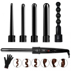 NEW 6 In 1 Curling Iron Wand Set With 6 Interchangeable Ceramic Barrels And Heat Protective Glove (black-6in1) A