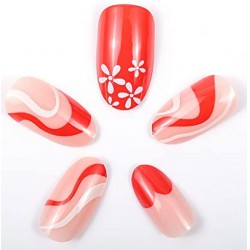 NEW NOVO OVO Red Short Medium Almond Oval Pink Swirl Heart White Flower Thick Fake False Press on Nails SWEETIE French Tip