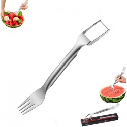 NEW 1 Pcs 2-in-1 Stainless Steel Fruit Cutter, Watermelon Slicer Cutter, Watermelon Fork Slicer Cutter Slicer Tool, Dual Head Fruit Forks Slicer Knife for Home Kitchen Gadget, 0.01, Silver