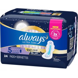 NEW Always Ultra Thin Pads Size 5 Extra Heavy Overnight Absorbency Unscented with Wings, 24 Count