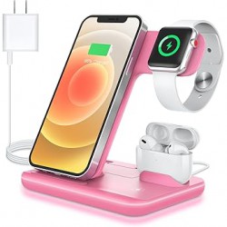 NEW WAITIEE Wireless Charger 3 in 1, 15W Fast Charging Station for Apple iWatch SE/6/5/4/3/2/1,AirPods Pro, Compatible with iPhone 12/12 Pro Max/11 Series/XS Max/XR/XS/X/8/8 Plus/Samsung Galaxy (Pink)