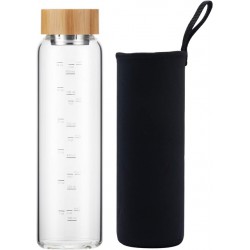 NEW  sunkey Glass Water Bottle 32 oz Wide Mouth with Sleeve Bamboo Lid 1 Litre Motivational Water Bottle With Time Marker Reusable Safe for Hot Cold Drinks Bpa Free (Black)