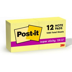 NEW Post-it Notes Recycled Super Sticky Notes, 3 x 3, 12 Pads, 90 Sheets/Pad, Canary Yellow
