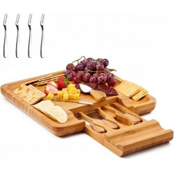 NEW  Utoplike Cheese Board with Knife Set, Bamboo Charcuterie Platter Serving Tray, Large(33cm x 33cm x 3.6cm) with 4 Stainless Steel Knife Folks in Drawer, Perfect for Birthday, Housewarming & Wedding