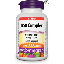 NEW EXP: 03/2026 - 80 CAPSULES Webber Naturals B50 Complex 50 mg, Bonus Size 60+20 caps