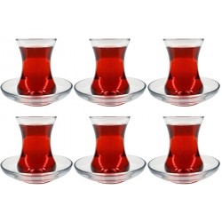 NEW - Turkish Tea Glass Set, Slim Waist Design, 6 Saucers, 6 Glasses, Useful Tea Set (12 Pieces)