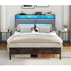 NEW FULL  HOOBRO Full Bed Frame with Storage Headboard, Upholstered Platform Bed, Bed Frame with Charging Station and LED Light, Headboard with Storage Shelves, USB Ports, Charcoal Gray BCG03UDBF01