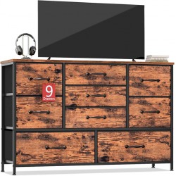 NEW  Furnulem Wide Dresser with 9 Large Drawers for 55'' Long TV Stand Entertainment Center,Wood Shelf Storage for Bedroom,Living Room,Closet,Entryway,Sturdy Metal Frame (Rustic Brown