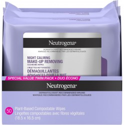 NEW Neutrogena Night Calming Makeup Removing Cleansing Wipes, Nighttime Cleansing Facial Wipes Remove Sweat, Sunscreen, Dirt & Waterproof Makeup & Calming scent, Hypoallergenic, 100% Plant Based Cloth, Twin Pack, 2 x 25 ct