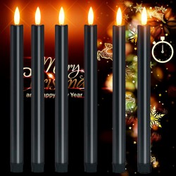 NEW Flameless Black Taper Candles with 6H Timer,Flickering Battery Operated Window Candles,10 Inch Long 3D Flame Plastic candles for candlesticks, Led Fake Stick candles For Christmas Decor (6 Pcs)