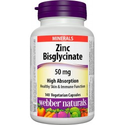 NEW EXP: JULY/2028 - Webber Naturals Zinc Bisglycinate, 50 mg, 140 Capsules, High Absorption, Supports Healthy Skin and Immune Function, Stomach-Friendly, Vegan