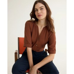 NEW XL Short-Sleeve Buttoned-Down Blouse with Split Neckline