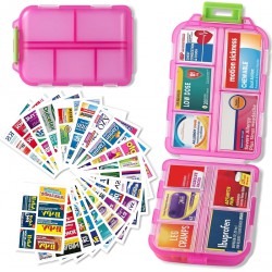 NEW DIY Pocket Pharmacy with Medicine Labels Travel Daily Pill Container Mini Medication Organizer Storage Pill Organizer Travel Essentials Pill Case 7 Day Pill Organizer(Pink & 146 Lables)