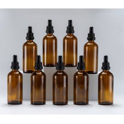 NEW (READ NOTES) PACK OF 9 AMBER GLASS BOTTLES WITH PLASTIC EYE DROPPER