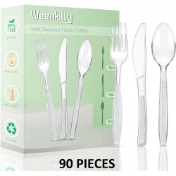 NEW Plastic Cutlery Set 90 Pieces,30 Plastic Forks,Knives and Plastic Spoons,Reusable Plastic Cutlery Transparent and Robust Cutlery Sets for Birthday Party Barbecue Party Wedding ect (Transparent)