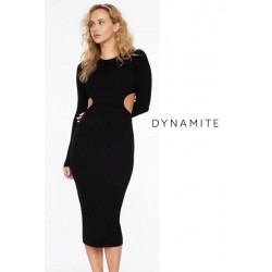 NEW WOMENS SMALL DYNAMITE Long Sleeve Side Cutout Maxi Dress, JET BLACK