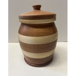 NEW WOODEN TWO TONED JAR WITH LID, HEIGHT 7 WIDTH 4.75