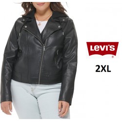 NEW WOMENS 2XL, Levi's Classic Faux Leather Motorcycle Jacket with Jersey Hood, Black