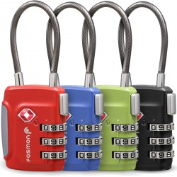 NEW Fosmon TSA Accepted Cable Luggage Locks, 3 Digit Combination with Open Alert Indicator, Alloy Body and Release Button for Travel Bag, Suit Case & Luggage (4 Pack) - Black, Green, Red and Blue