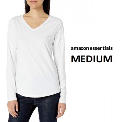 NEW WOMENS MEDIUM AMAZON Essentials Classic-Fit 100% Cotton Long-Sleeve V-Neck T-Shirt, White