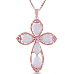 HANDLED TARNISHED (READ NOTES) ROSE GOLD-PLATED STERLING SILVER SIMULATED OPAL WITH CREATED PINK SAPPHIRES CROSS PENDANT NECKLACE, 18