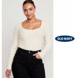 NEW WOMENS 3X OLD NAVY Fitted Cropped Square-Neck Rib-Knit Sweater, creme de la creme