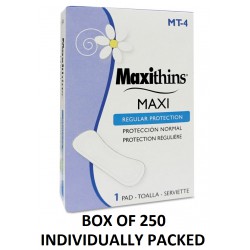 NEW BOX OF 250 INDIVIDUALLY PACKAGED MAXITHINS, REGULAR PROTECTION, 1 PAD PER BOX