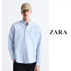 NEW MENS LARGE ZARA BAND COLLAR OXFORD SHIRT Sky Blue