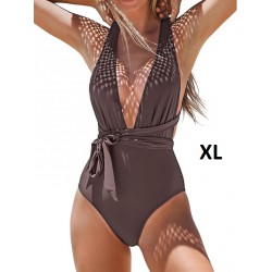 NEW WOMENS XL CUPSHE Women’s One Piece Swimsuit Sexy Deep V Neck Bathing Suit Crisscross Back Self Tie, COFFEE BROWN