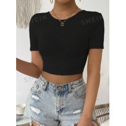 NEW MEDIUM SHEIN VCAY Summer Women's Solid Color Waffle Grid Round Neck Crop-Sleeved Tight-Fitting Cropped T-Shirt