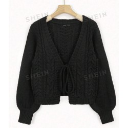 NEW SMALL SHEIN EZwear Solid Color Lantern Sleeve Open-Front Cardigan With Tie