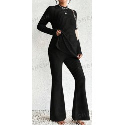 NEW SMALL SHEIN Maternity Mock Neck Split Hem Tee & Flare Leg Pants