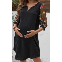 NEW XL SHEIN Maternity Floral Embroidered Mesh Splice Hollow Out Collar Dress