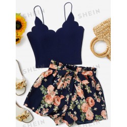 NEW SMALL SHEIN VCAY Solid Scallop Trim Cropped Cami Top & Floral Print Waist Belted Shorts