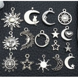 NEW 16pcs Antique Silver Celestial Charms Set - Zinc Alloy Sun, Moon, and Stars Pendants for DIY Necklace