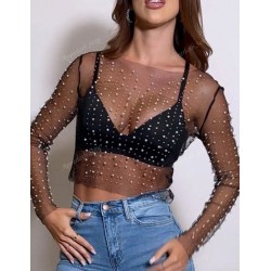 NEW SMALL Festival Pearls Beaded Rhinestone Detail Sheer Mesh Crop Clubwear Cover Up Top Without Bra