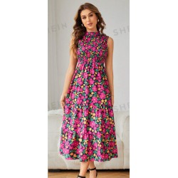 NEW MEDIUM SHEIN Privé Floral Print Sleeveless Dress With Cinching Waist