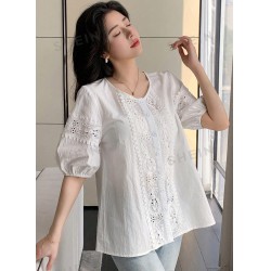 NEW MEDIUM DAZY Women's Round Neck Embroidered Puff Sleeve Shirt