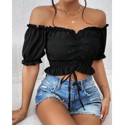 NEW XS SHEIN VCAY Off-the-shoulder ruffle-trimmed drawstring-front cropped blouse