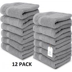 NEW 12 PACK White Classic Luxury Cotton Washcloths - Large Hotel Spa Bathroom Face Towel, LIGHT GREY