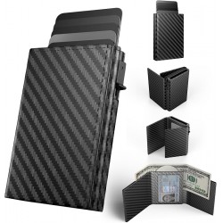 NEW INTPIHP Mens Wallet Card Holder Pop up Card Case,Carbon Fiber Leather Slim Wallet，RFID Blocking 8-9 Card Capacity | ID Window | Cash Slot Minimalist Wallet for Men Black