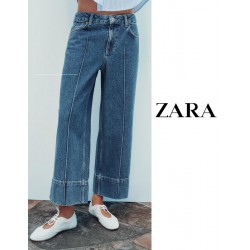 NEW WOMENS SIZE 0 ZARA HIGH-WAISTED Z1975 CROPPED WIDE LEG JEANS, LIGHT BLUE DENIM