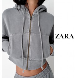 NEW WOMENS MEDIUM ZARA Sweatshirt with adjustable drawstring hood, GREY