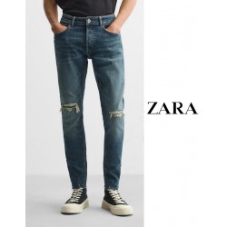 NEW MENS SIZE 31 ZARA DISTRESSED SLIM JEANS, MID WAIST, RIPPED DENIM, SLIM LEG, FULL LENGTH, BLUE