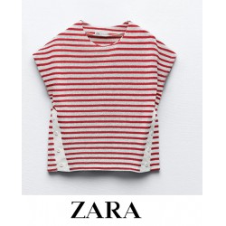 NEW WOMENS MEDIUM ZARA RED AND WHITE STRIPED TOP WITH BUTTON DETAIL